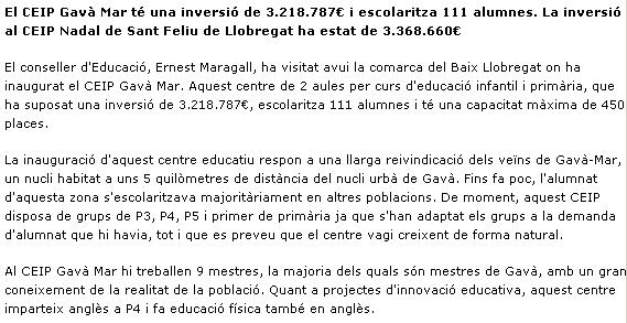 Informaci&oacute;n sobre la nueva 'Escola Gav&agrave; Mar' publicada en la web del Departament de Educaci&oacute;n